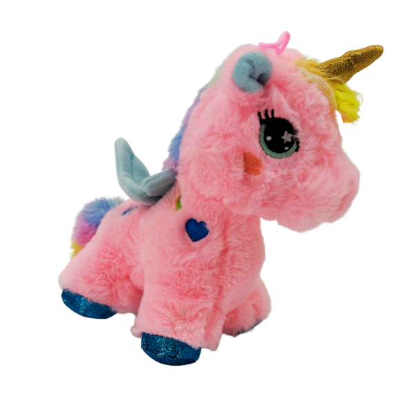 Pinkes Plüsch-Einhorn mit goldfarbenem Horn und blauen Glitzer-Hufen, ca. 20 cm